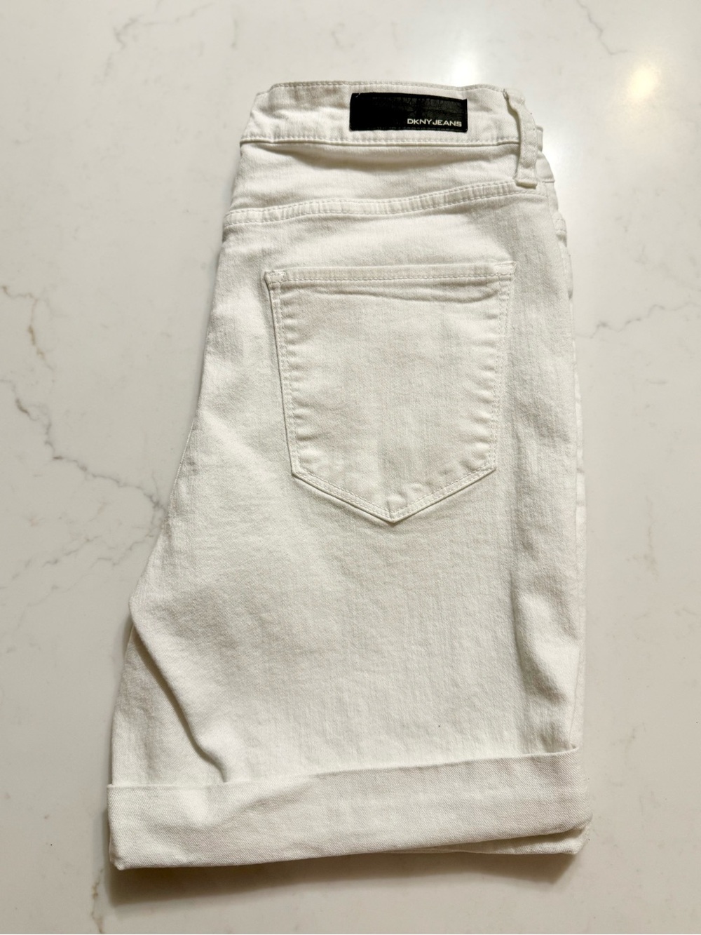 DKNY White High-Rise Denim Shorts with Branded Button
